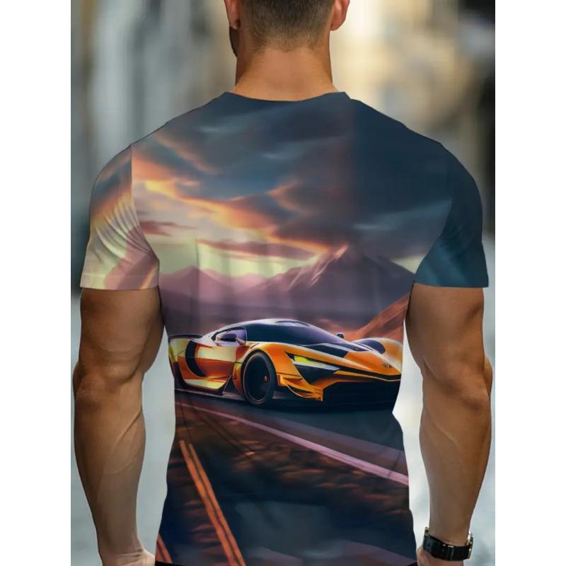 Großes Herren Sportwagen Muster 3D Gedrucktes Herren Rundhals Kurzarm T-Shirt Sommer Mode T-Shirt Lässig Bequem Vielseitiges Oberteil
