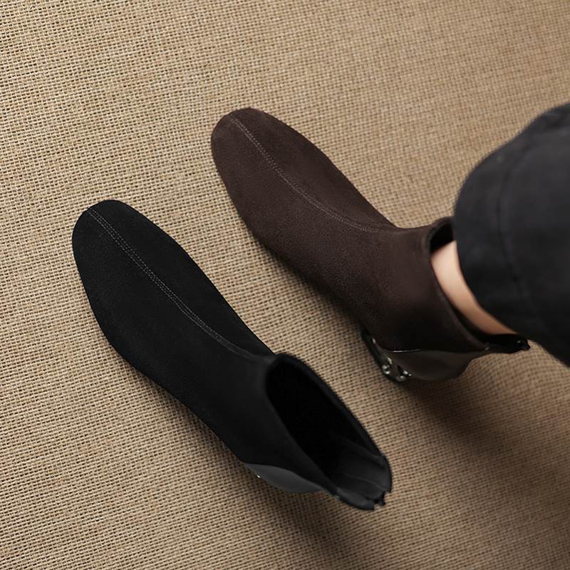 Krazing Pot Cow Suede Nubuck Winter Round Toe Chelsea Boots Med Heels Zipper Crystal Heels Women Ankle Boots