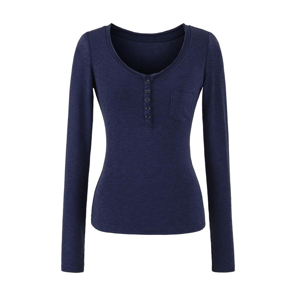 Women's Slim-Fit Long-Sleeve Henley V-Neck Top with Pocket, Stretchy Fine Cotton, Spring/Autumn Style