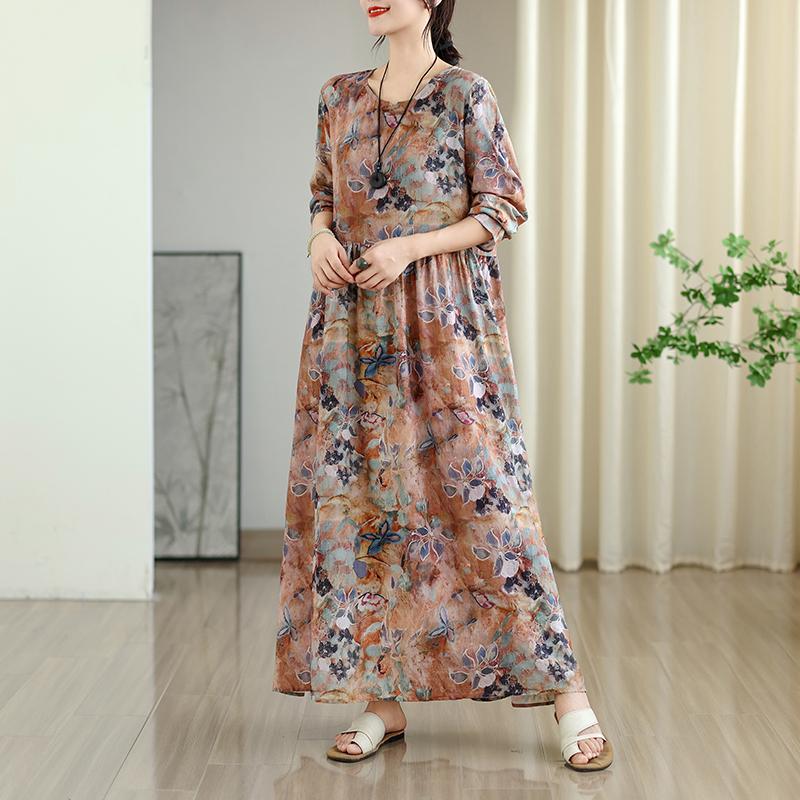 Dimanaf Ny 2025 Dame Plussstørrelse Vår Lang Kjole Løs Basic Vintage Oversize Langermet Maxi Blomstret