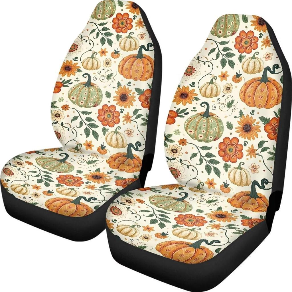 Pumpkin Mushroom Maple Leaf Front Car Seat Covers Protectors 2-Pc Set Graphic Print Auto Seat Covers For Holiday Car Decor