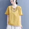Summer Cotton and Linen Neckline Floral Embroidered Wood Earrings Short-sleeved T-shirt for Women Chinese Style Retro Loose Thin Top