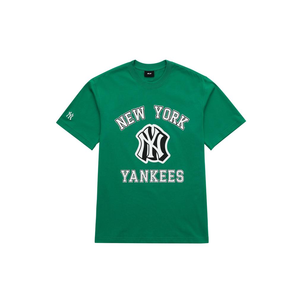 MLB New York Yankees College Style Striped Dopamine Letter Print Crew Neck American Vintage Short Sleeve T-Shirt Unisex Tops Green 3ATSV0233-50GNP