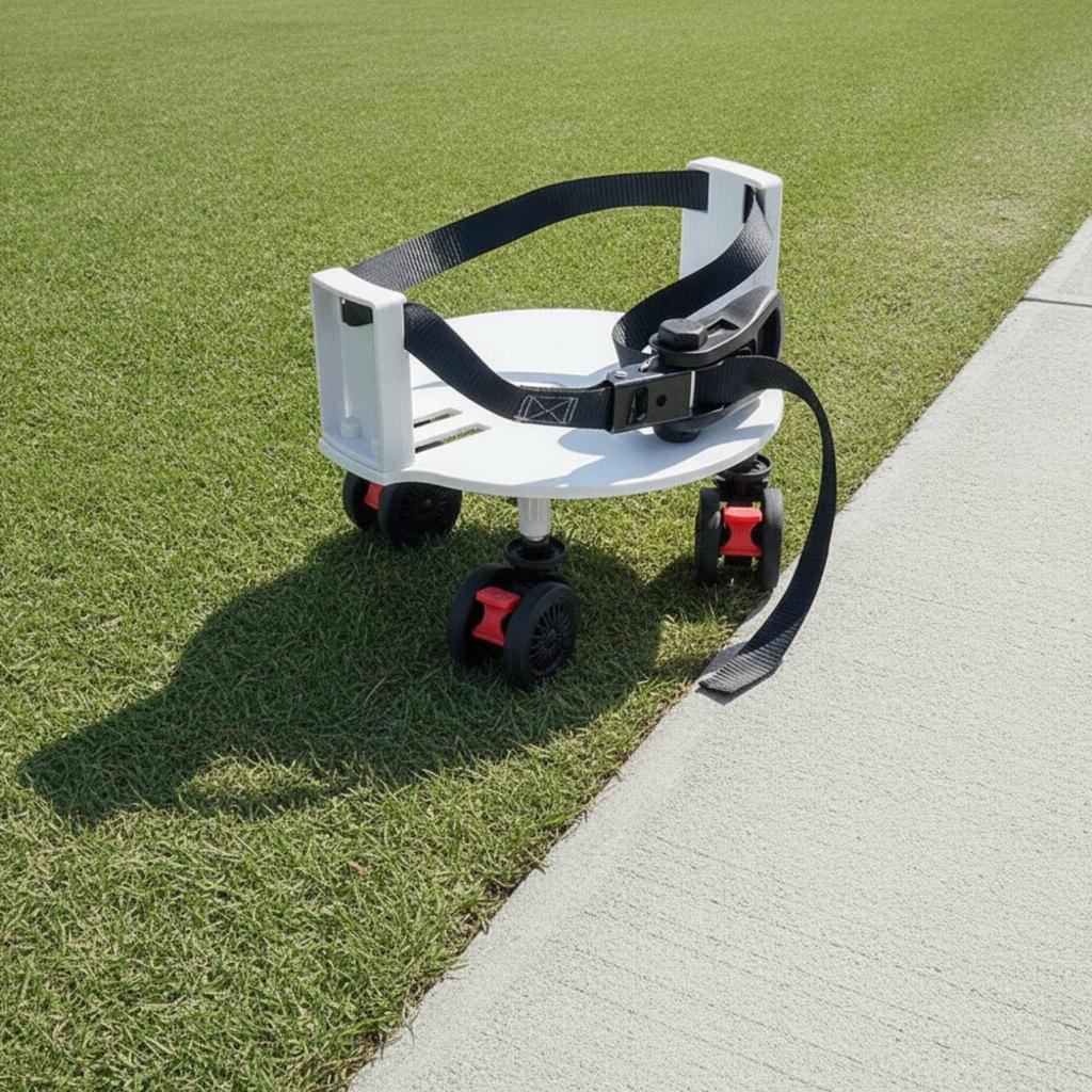 Golf bag wheel base, base and swivel strap