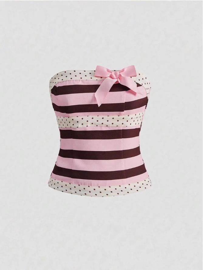 Women's Sweet Girl Striped Polka Dot Corset Top: Summer Bow Knot Bandeau Cropped Bustier