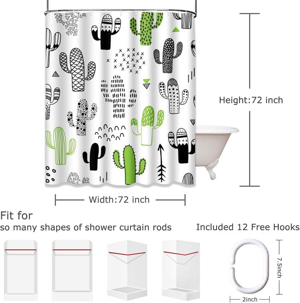 Black Desert Shower Curtain - Cute Hand Drawn Cactus & Geometric Design, Waterproof Polyester Fabric With Hooks, Bath Decor