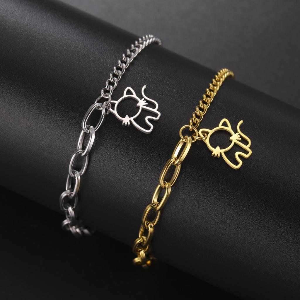 Lucktune Cute Cartoon Kitten Pendant Bracelets for Women Stainless Steel Sweet Cat Animal Chain Bracelets Fashion Jewelry Gifts