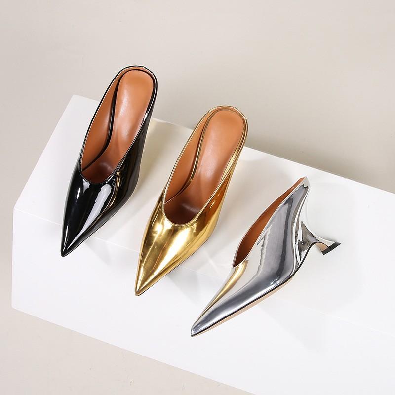 European and American Style Gold Plus Size High Heels Shiny Pointed Toe Wedge Heels Sexy Patent Leather High-heeled Sandals