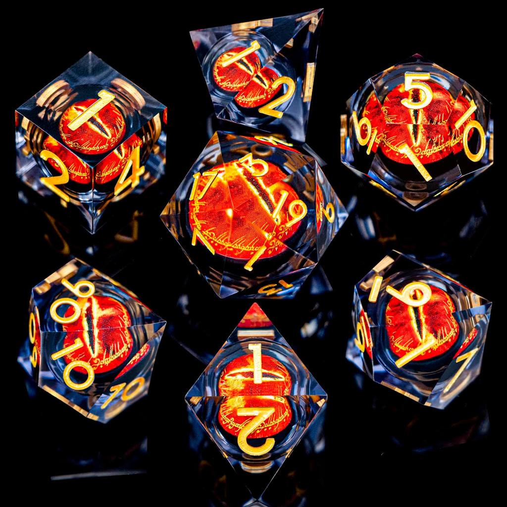 Runes DND Resin Dice Gazes Eye Dice Golden Blue Liquid Core Flaming RPG Sharp Edged Dice Set with Gift Box Polyhedral Compatible