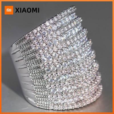 Huitan Gorgeous Women Wide Ring Fashion Party Full Sparkling Cubic Zirconia Luxury Accessories Silver Color Fancy Lady Jewelry