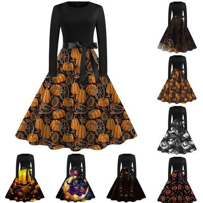 Halloween Print Flare Dress For Women Long Sleeve Dress Hollow Party Casual Dresses