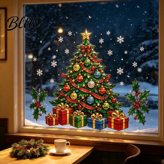 Festive Home Decorations Christmas Window Stickers, Winter Holiday Decorations, Art with Xmas Tree Decals Snowman Angel Patterns for Wall Door Office