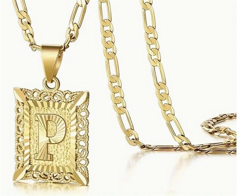Initial Letter Pendant Necklace for Men Women 14K Gold Plated Square Necklace 26 Letters Long Chain Necklace GZW