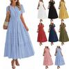 Women's V Neck Short Sleeve Midi Dress Loose Mid Waist Casual Tiered Ruffled Solid Long Dress