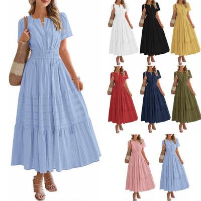 Women's V Neck Short Sleeve Midi Dress Loose Mid Waist Casual Tiered Ruffled Solid Long Dress