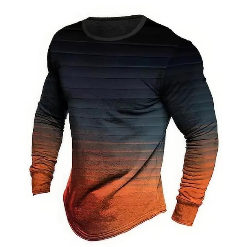 T-shirt da uomo a maniche lunghe con scollo rotondo, a righe, stampate digitalmente, alla moda, stile di strada