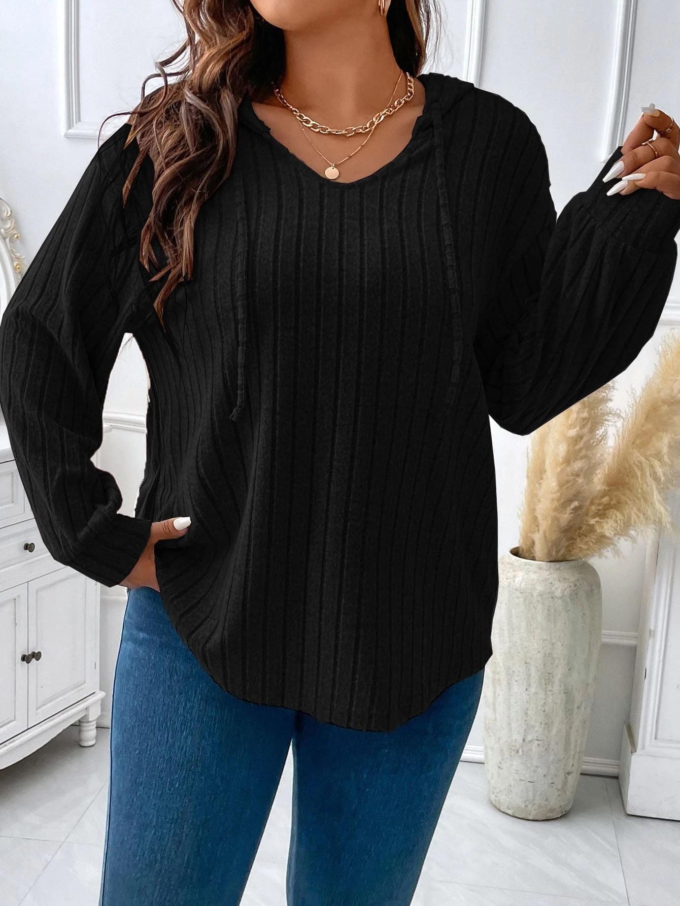 

2025 Autumn/Winter V-Neck Plus Size Women s Hooded Ribbed Long Sleeve T-Shirt XXXL чорний