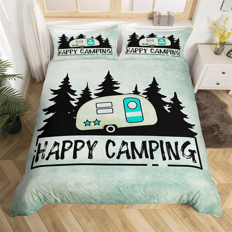 Happy Camping Dekbedovertrek Queen Cartoon Caravan Camping Beddengoedset Boerderij Stijl 3D Camper Dekbedovertrek Met Kussenslopen