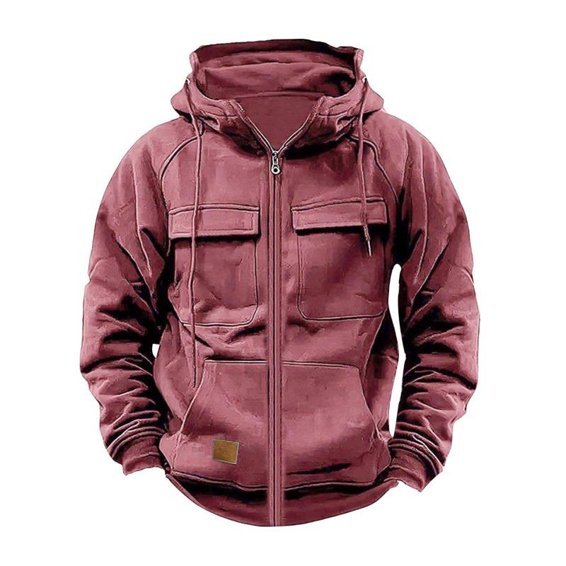 New Autumn Winter Men's Hooded Solid Color Sweatshirt European American Youth Sports Multi-pocket Leather Jacket