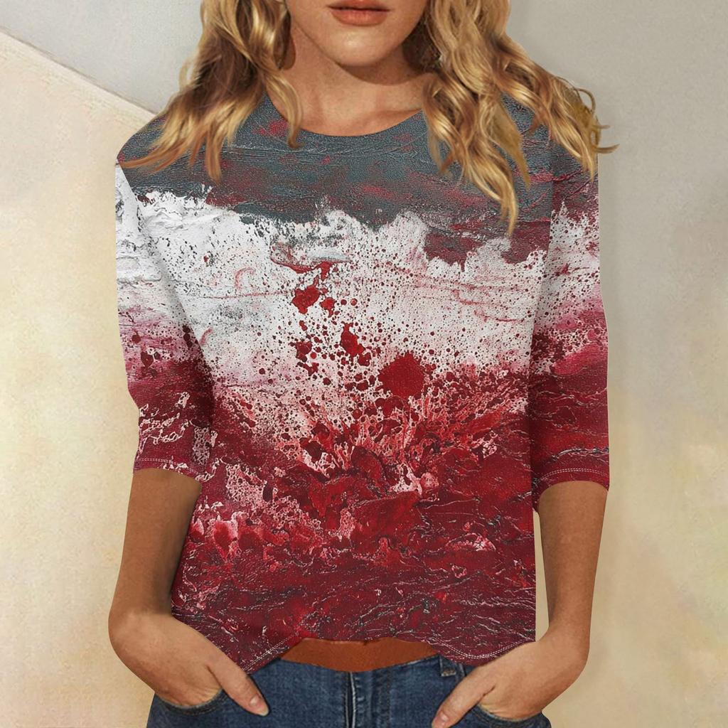 Women's Fashion Casual Round Neck 3/4 Sleeve Loose  Printed T-Shirt Ladies Top