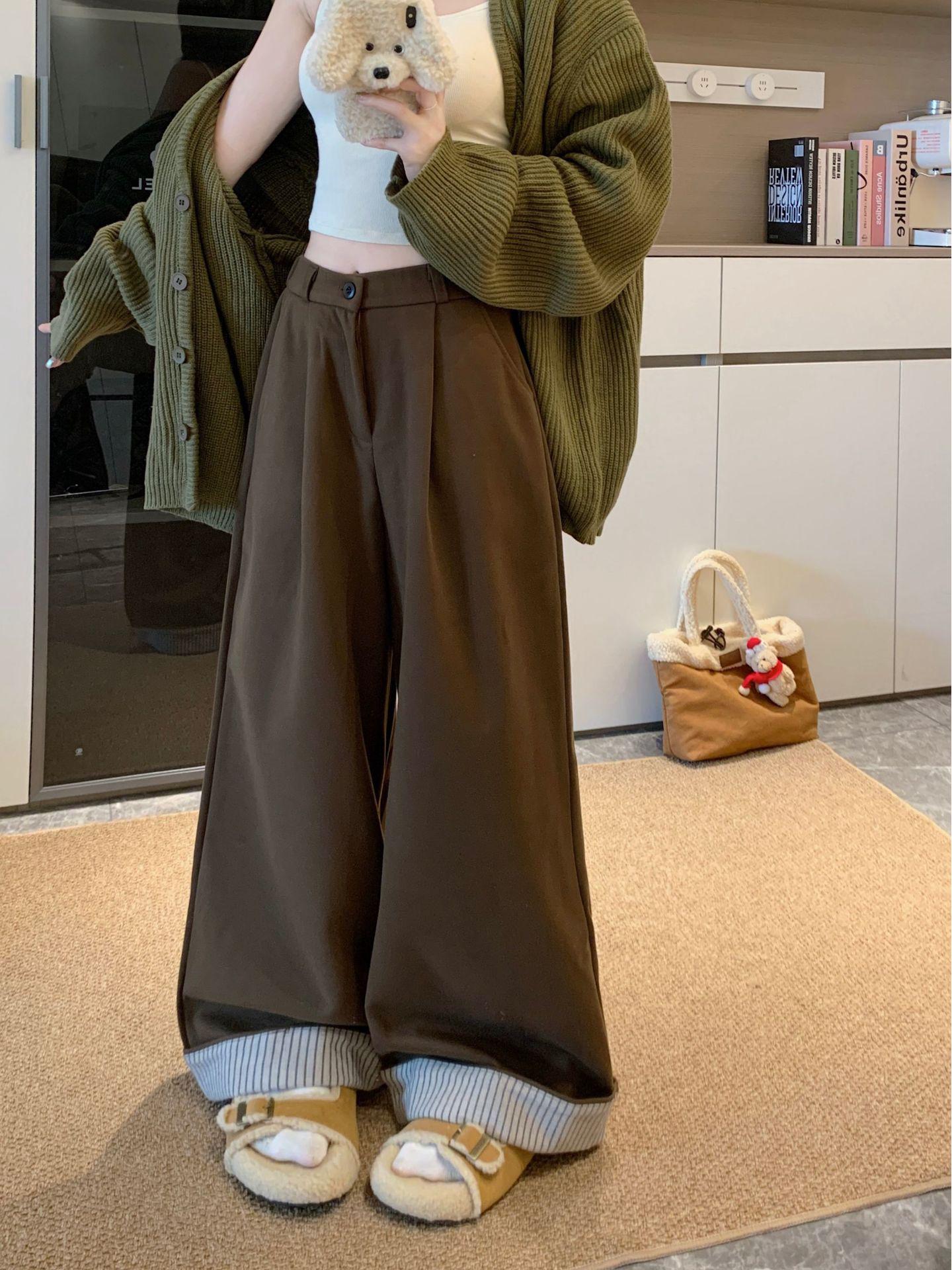 

Женские утепленные шерстяные брюки с широкими штанинами и манжетами, большого размера - с высокой талией, свободного кроя для осени/зимы L (recommended for 100-120 jin)