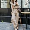 European and American autumn and winter knitted suit women's loose large-size split-ended sweater + straight wide-leg pants two-piece set