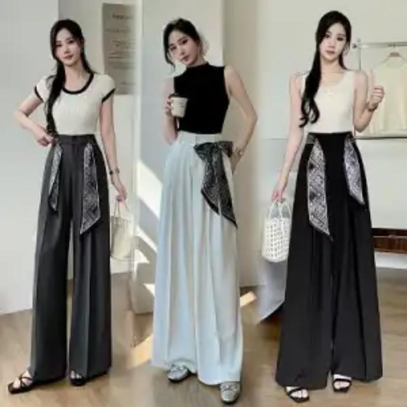 Scarf Wide-leg Suit for Women In Summer High Waist Loose Drooping Casual Pants Fashionable Trousers Floor
