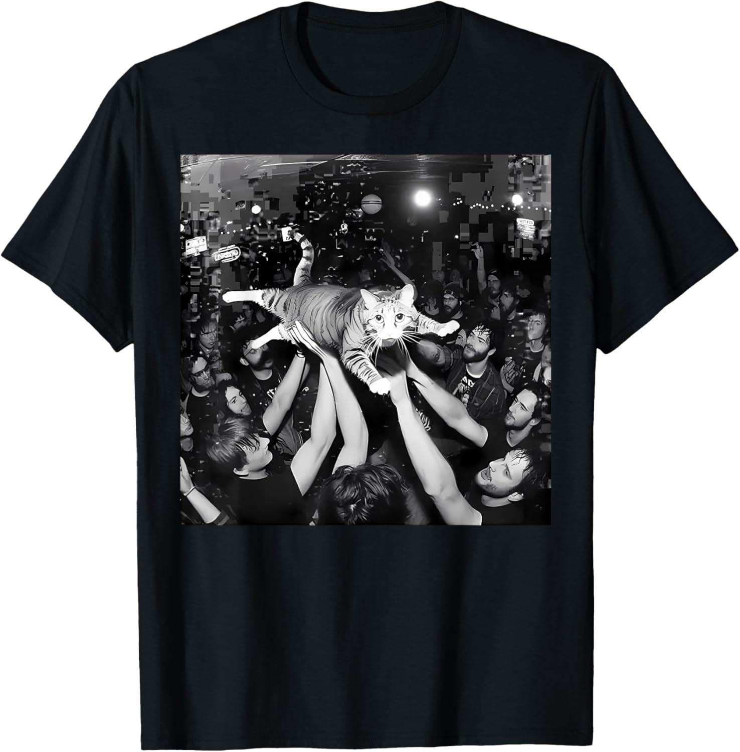 Funny Rock Show Cat Meme Cute Tabby Kitten Crowd Surfing Unisex T-Shirt XXXXL