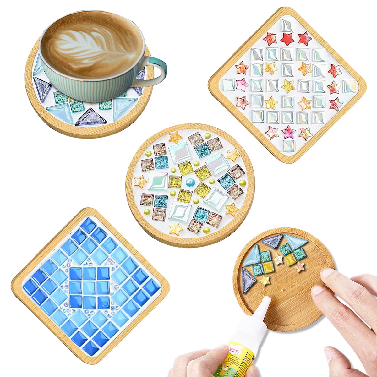 

DIY Glass Mosaic Tiles Kit with Wooden Mixed Color Mosaic Craft Supplies Package for Handmade Home Gifts 4-Piece Coasters, Adults, Decor,