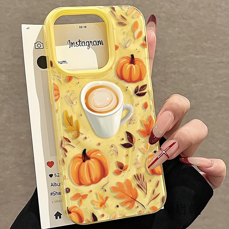 Pumpkin Autumn Leaves Coffee Pattern Phone Case For iPhone 16 Pro Max 17 Air 15 Plus 14 13 12 11 Folds Texture Soft Back Cover