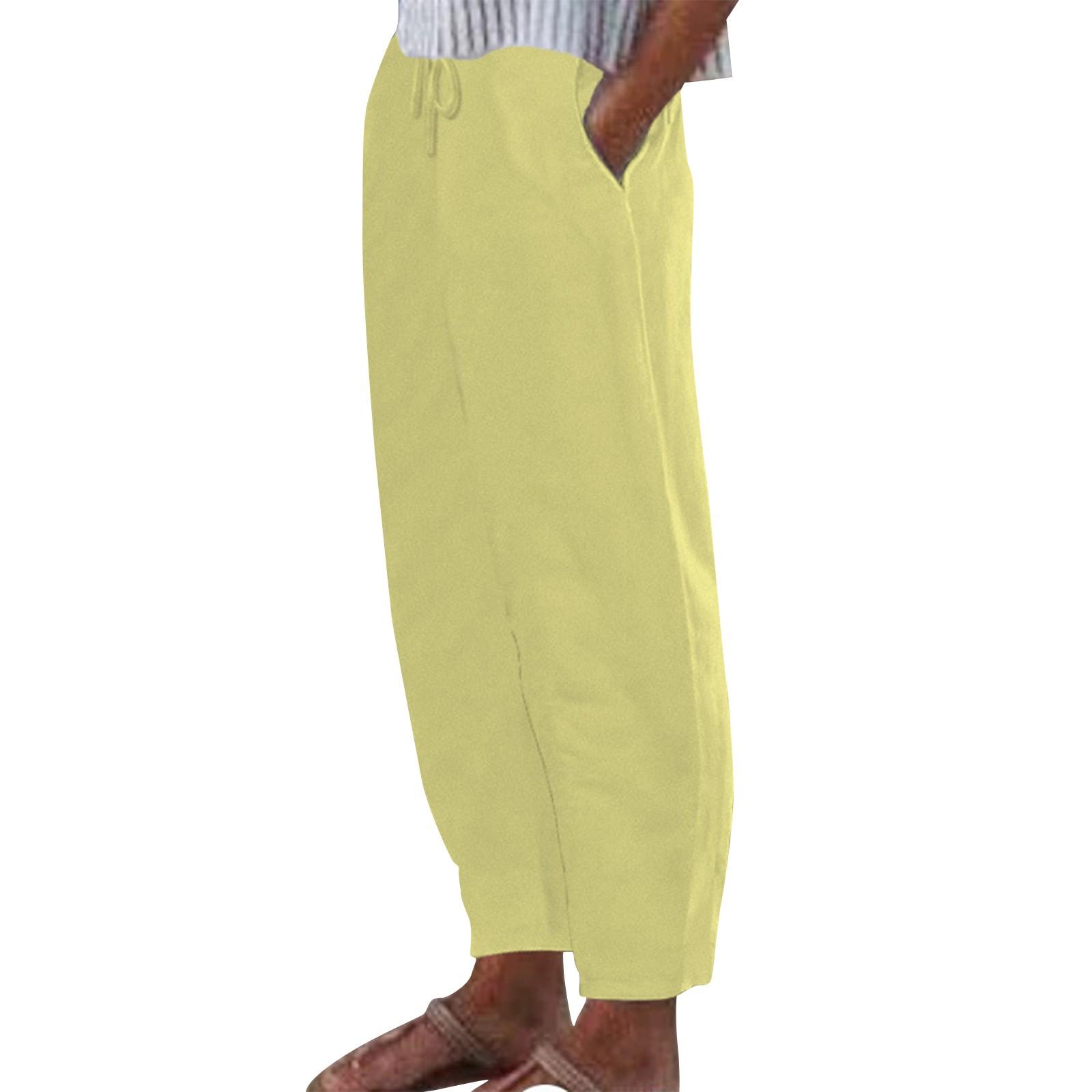 

Женские повседневные модные однотонные хлопковые льняные повседневные брюки, широкие брюки, спортивные штаны с карманами XL жёлтый