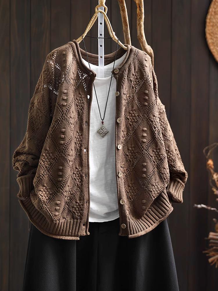 2025 Fall Diamond Hollow Round Neck Knitted Cardigan - Loose, Casual Long Sleeve Sweater
