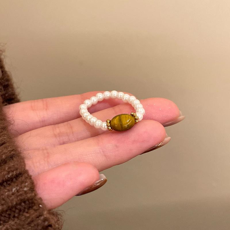Vintage Brown Stones Imitation Pearls Beaded Rings for Women Girls Light Luxury Fashion Rings Jewelry Daily Commute Accessories