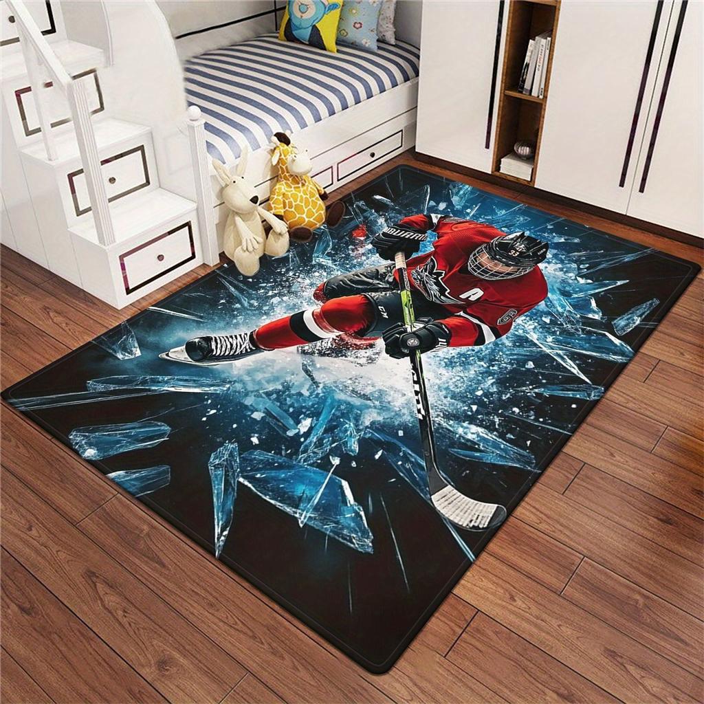 Ice Hockey Player Theme Area Rug, Non-Slip Absorbent Washable Floor Mat for Kitchen Bathroom, Home Entryway Yoga Decor