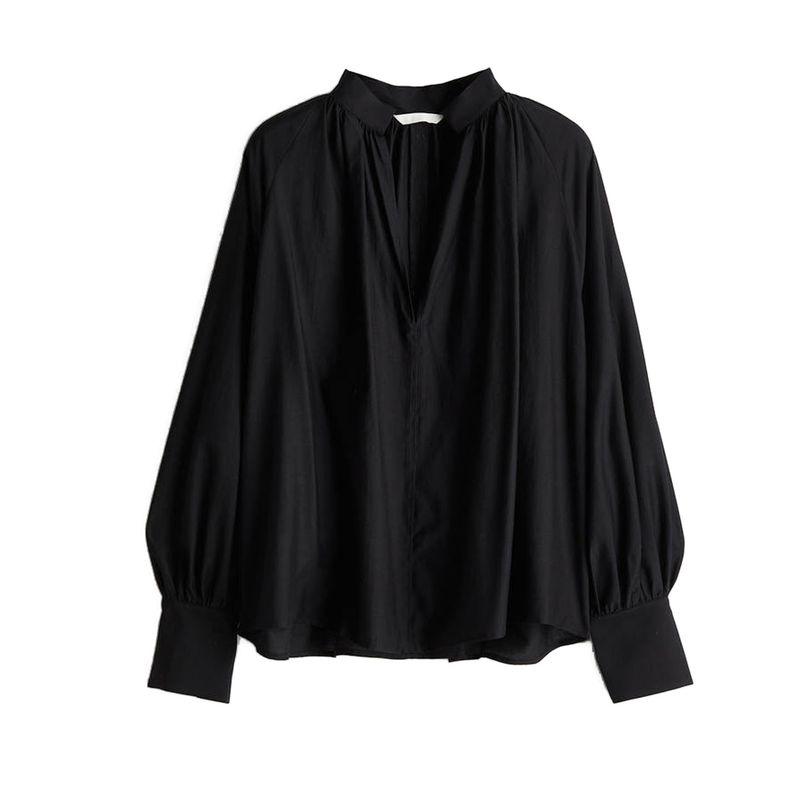 

Autumn New Women clothes French style Minimalist Loose Version Pleated Stand Collar Lantern Sleeve Top 1246115 Black L