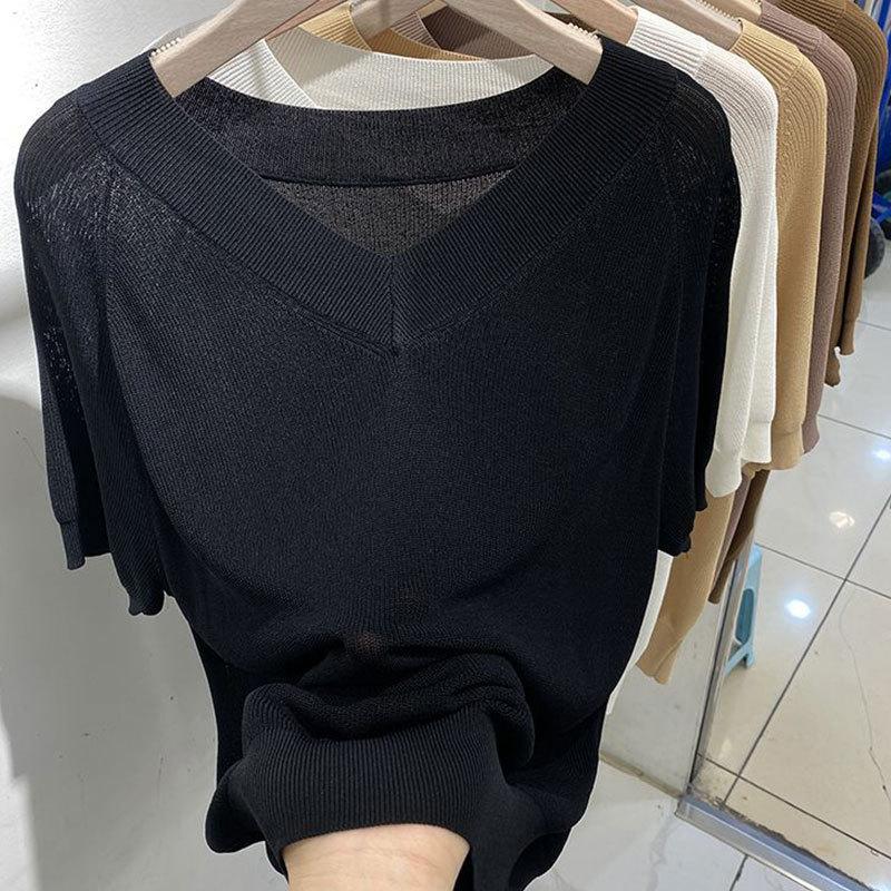 Tops de punto para mujer, camiseta de manga corta con escote en V, sencilla, a la moda, para el verano
