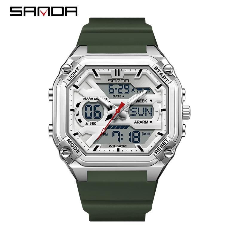 Sanda Men's Multifunctional Waterproof Electronic Watch - Trendy Timer with Dual Display & Three-Time Zone Outdoor Alarm.
