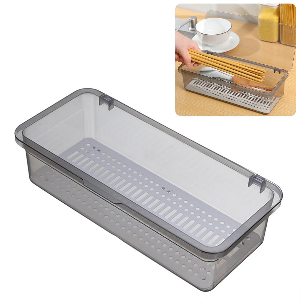 Flatware Tray with Lid and Drainer Dustproof Transparent Fashionable Silverware Countertop Storage Container for