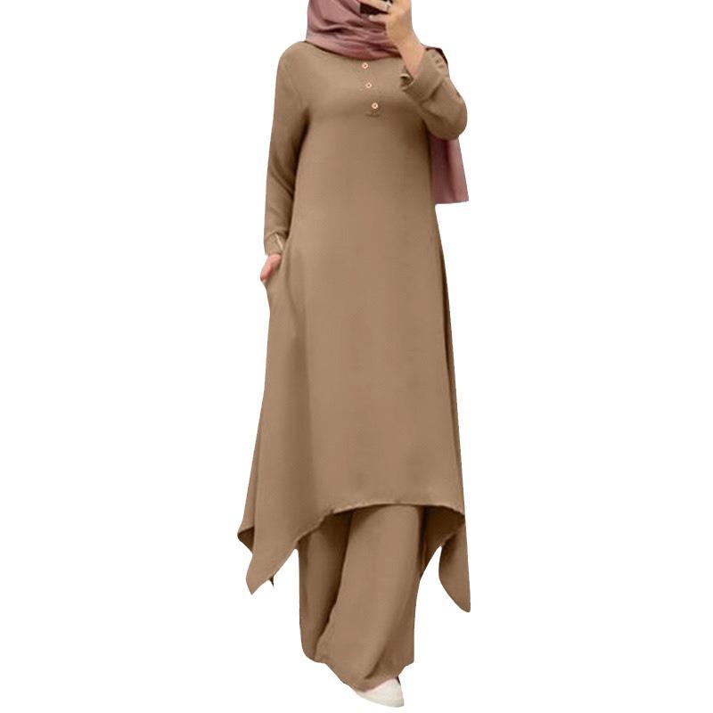 2024 Spring & Autumn Muslim Women's Solid Color Round Neck Buttoned Long Sleeve Top & Wide Leg Pants Set for Middle East.
