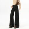 Women's Retro Black Gypsophila Wide-Leg High-Waisted Rhinestone Jeans with Elastic Fit and Velvet Lining
