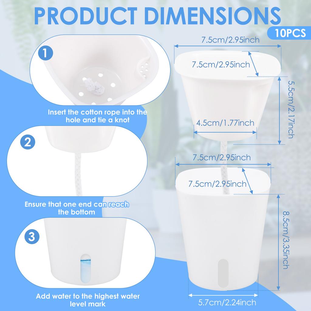 10 st Självvattnande Blomkruka Dubbelskikts Plast Planteringskruka med Bomullssnöre & Genomskinlig Innerkopp Trädgård Liten Blomkruka