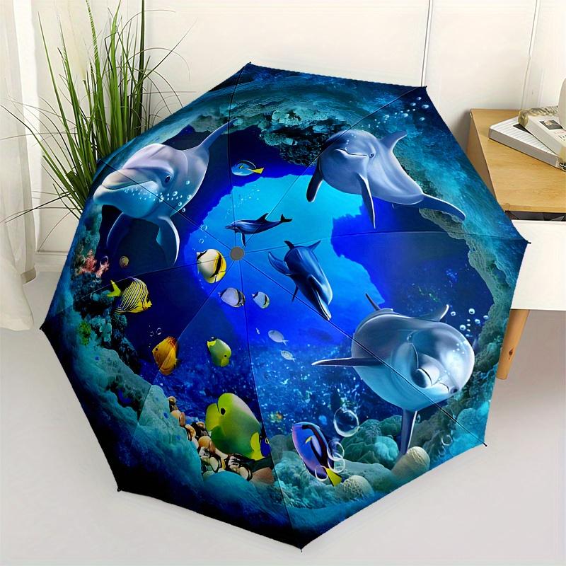 Подводный рай: Настенная наклейка «Дельфин и коралловый риф» для любителей океана, Зонт, Компактный складной зонт-трость 3 сложения для мужчин и женщин, S127