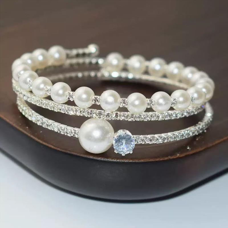 Multiple Shining Rhinestone Crystal Bracelet Pearl Cubic Zirconia Hand Wrist Bracelet Women Wedding Jewelry