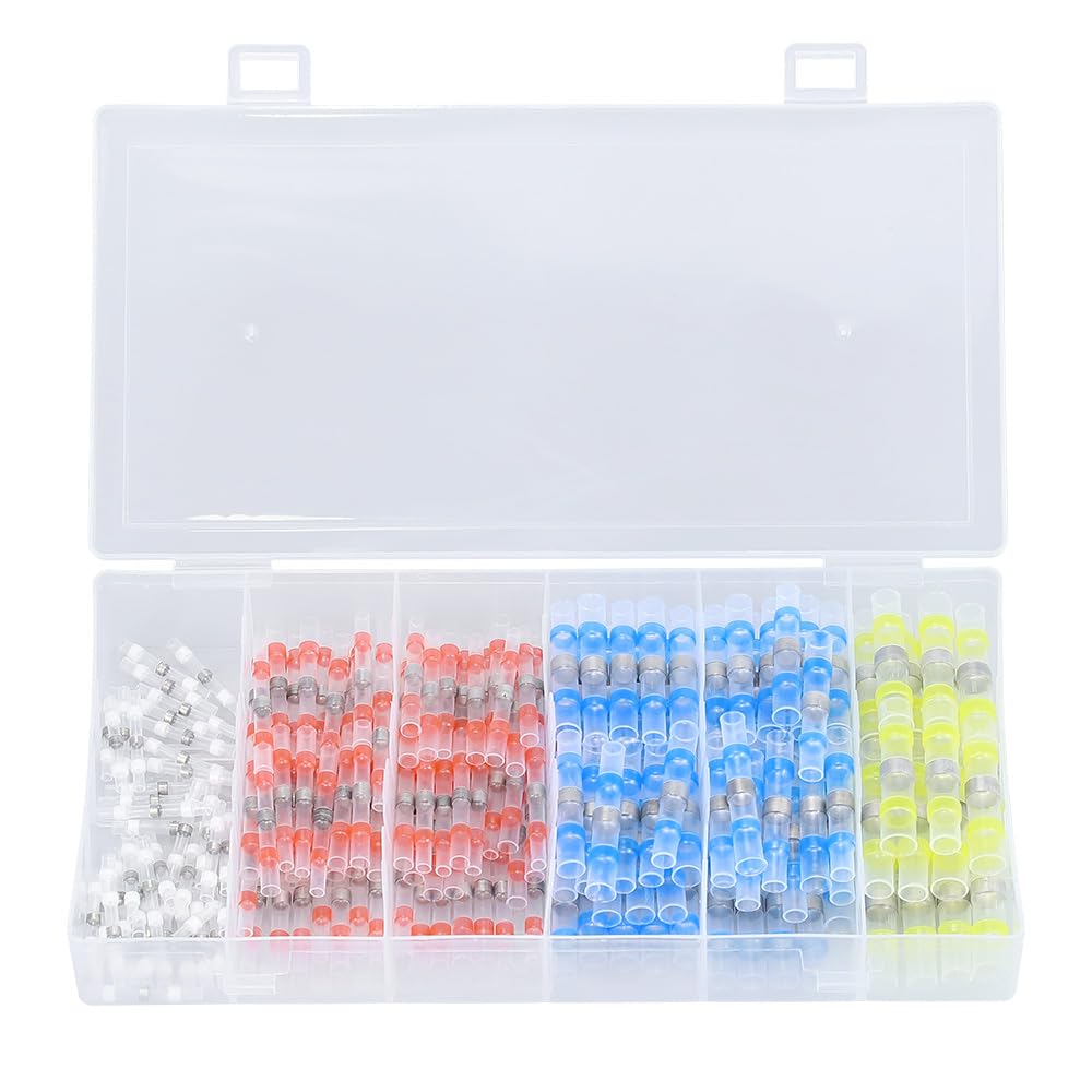 Glvaner Heat Shrink Solder Sleeves, Heat Shrink Tubing, Waterproof Crimp Sleeves, Crimp Sleeves, Solder Seal Wire Connectors, 4 Types, 200 Pieces