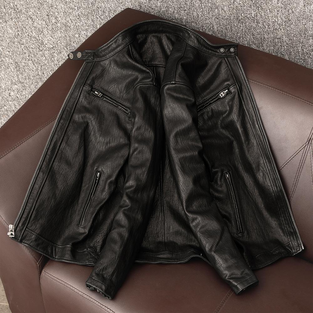 Italian Lambskin Vegetable Tanned Pure Top Grain Leather Jacket Men Retro Motorcycle Stand Collar Casual Coat