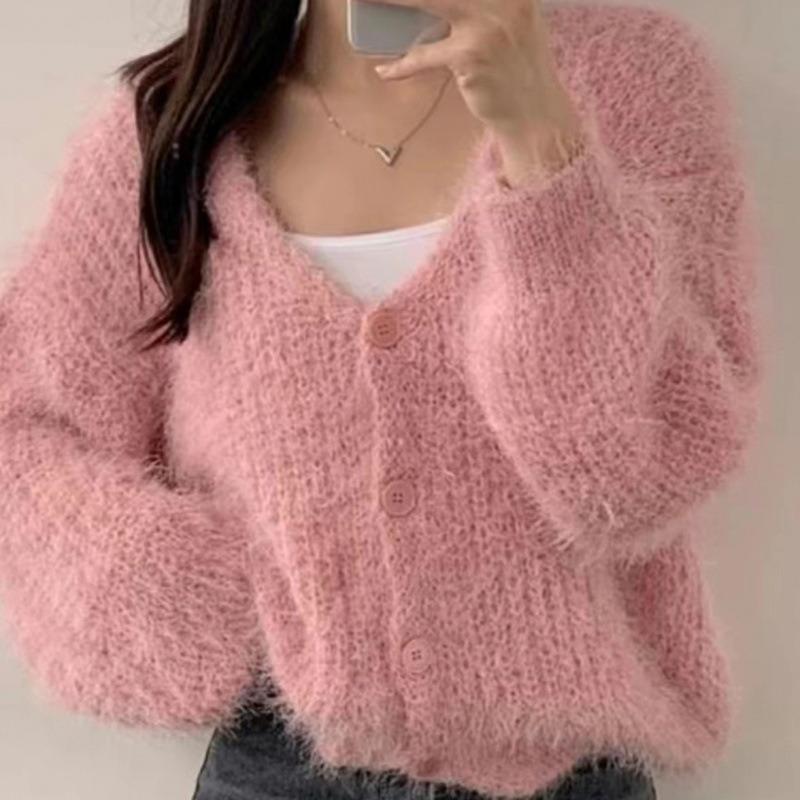Loose and versatile autumn and winter cardigan lazy wind collar single-breasted knitted sweater neck top