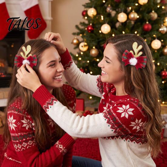 Decorative Antler Hair Pins 2Pcs Christmas Clips with Plaid Bows and Pom Poms Decor, Festive Holiday Winter Party Accessories for Women Girls,