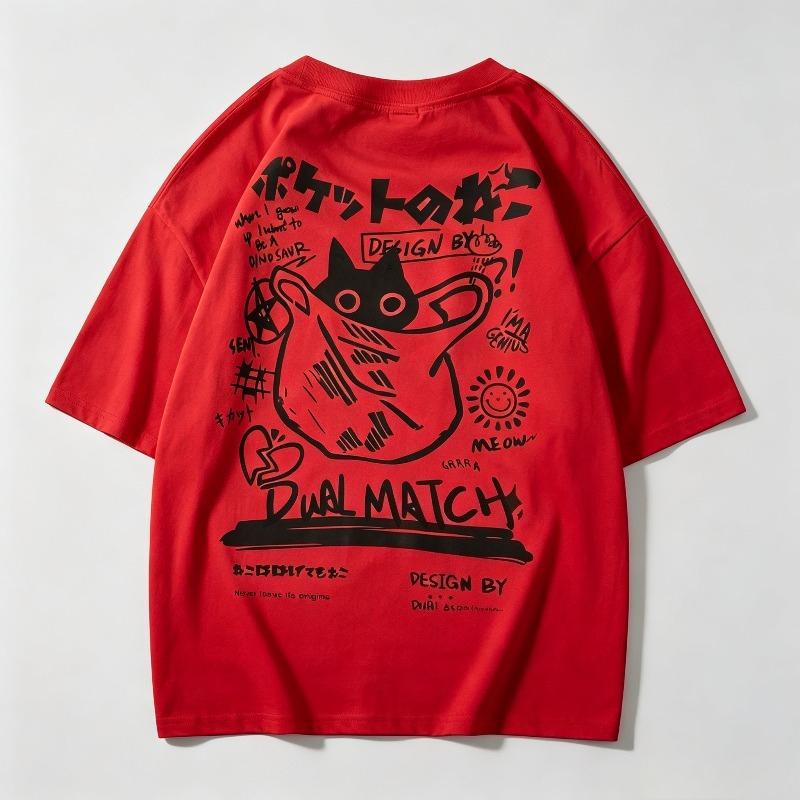 Casual Short Sleeve Tshirt Unisex 100 Pure Cotton Japanese Text Black Cat Dual Match Graphic Oversized Hip Hop Tee