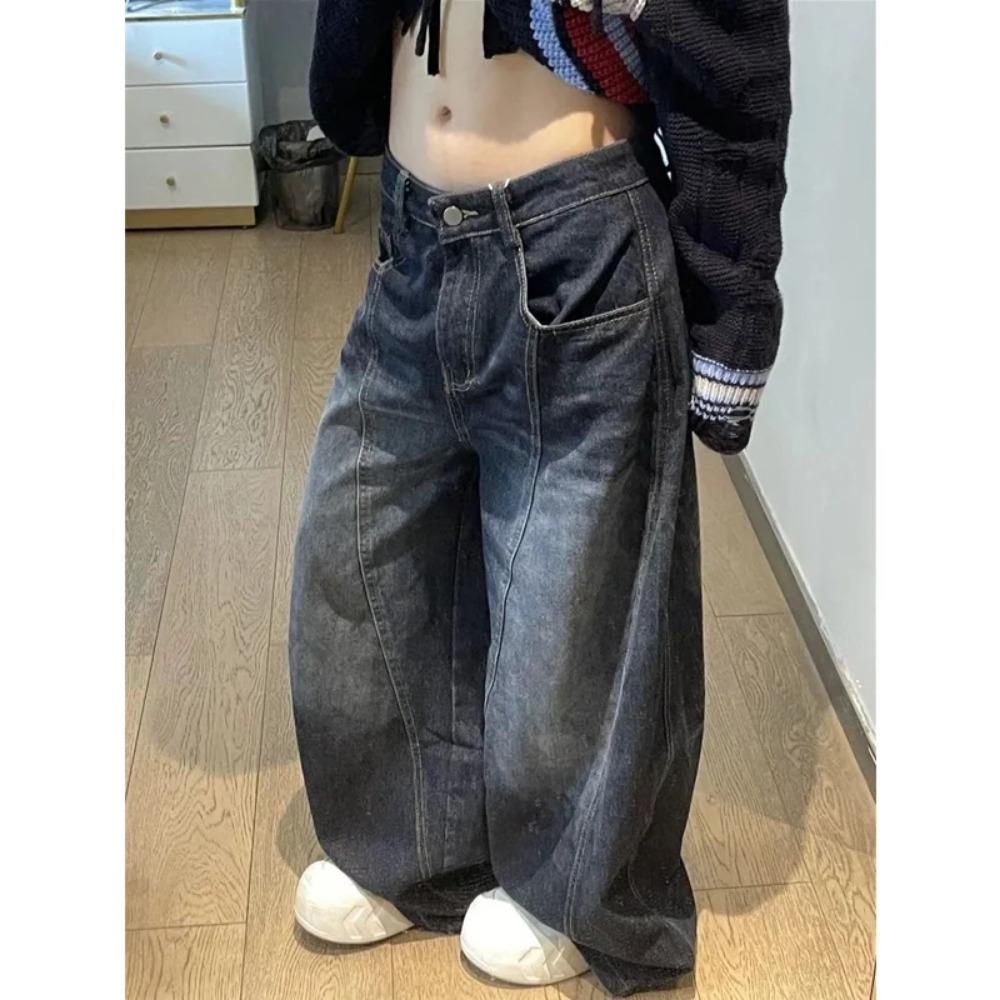Damen Jeans Hohe Taille Vintage Design Hip Hop Gerade Baggy Denim Hose Street Y2K Amerikanischer Stil Weite Bein Jeanshose