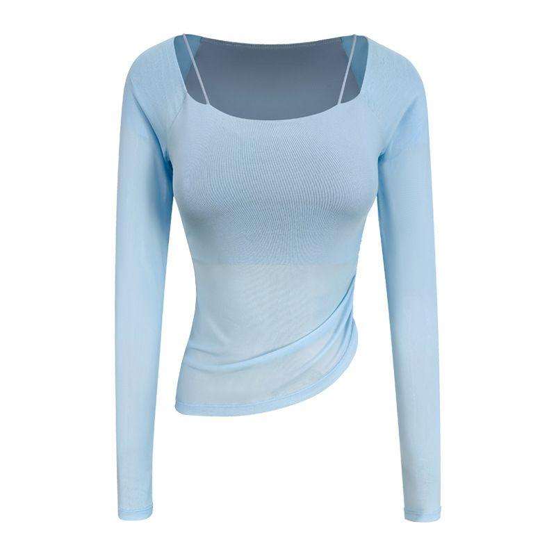 

Fashion Temperament Fake Two-Piece Lightweight Elastic Mesh Patchwork Breathable One-Piece Fixed Chest Pad Yoga T-shirt Tops Light Sky Blue Long sleeves XL